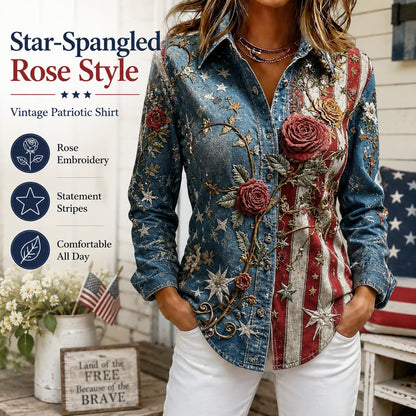 USA 250th Anniversary Embroidered Floral Long‑Sleeve Shirt for Women