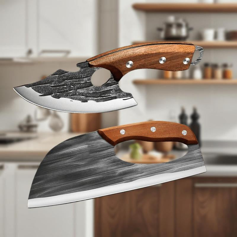Hand-Forged Carbon Steel Kitchen Knife Set - Ultra Sharp Cleaver & Boning Knife, Ergonomic Wooden Handle, Multi-Functional Meat & Vegetable Slicer for Home Cooking