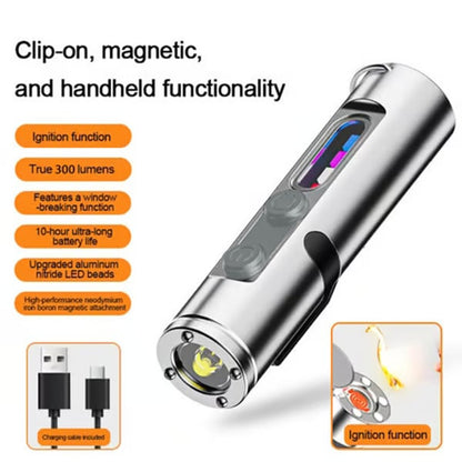 🔦Pocket Rechargeable EDC Flashlight: Mini Keychain Light with Fire Starter & Window Breaker