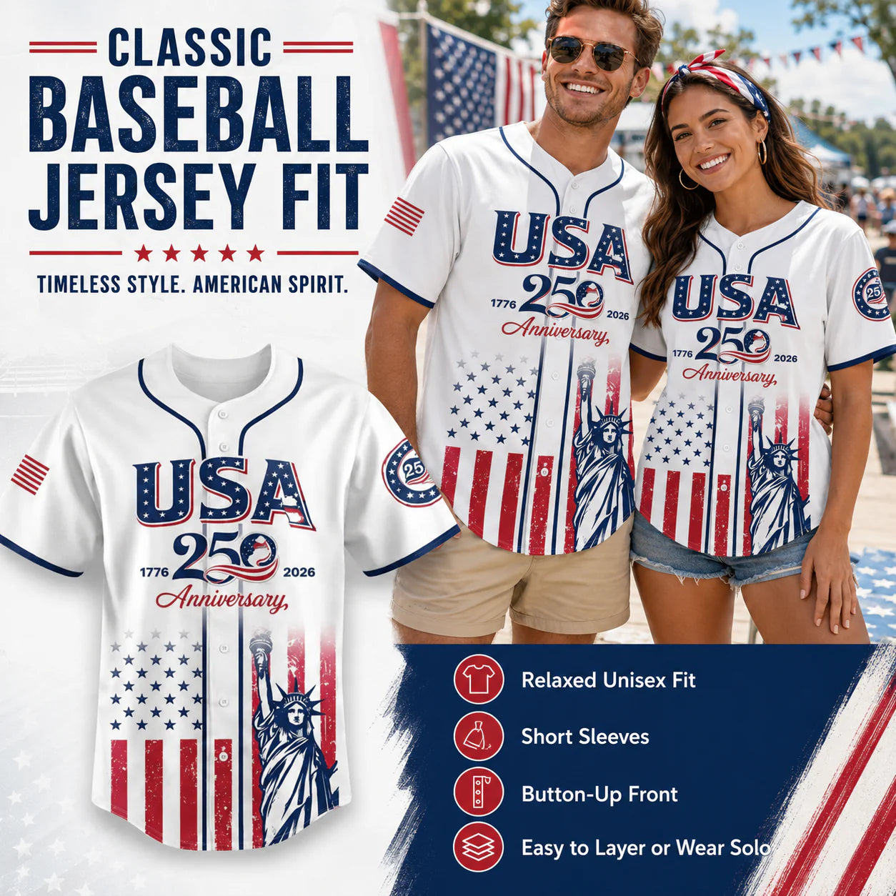 Patriotic Statue of Liberty 1776–2026 - USA 250th Anniversary Baseball Jersey Unisex Shirt