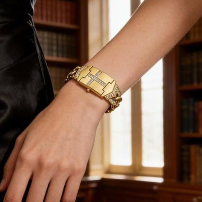 Sparkling Crystal Cross Watch—Geometric Rectangular Dial, Premium Metal Strap💎