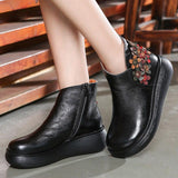 Women Retro Floral Genuine Leather Martin Boots