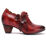 Retro Handmade Floral Leather Low-Heel Pumps