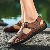 Men Outdoor Cowhide Leather Flat Heel Daily Sandals