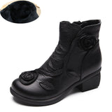 Women's Winter Warm Lining Flower Decoration Block Heel Ankle Boots