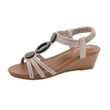 Women Bohemian Wood Texture Round Button Decor Comfy Casual Wedges Sandals