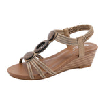 Women Bohemian Wood Texture Round Button Decor Comfy Casual Wedges Sandals