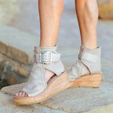 Women Casual Leather Retro Wedges Sandals