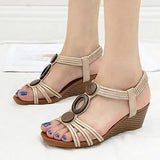 Women Bohemian Wood Texture Round Button Decor Comfy Casual Wedges Sandals