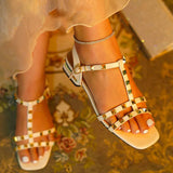 Women's Square Open Toe Rivet Slingback Buckle Flat Sandals