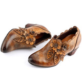 Retro Handmade Floral Leather Low-Heel Pumps