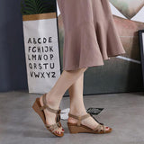 Women Bohemian Wood Texture Round Button Decor Comfy Casual Wedges Sandals