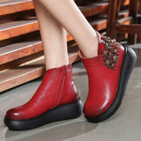 Women Retro Floral Genuine Leather Martin Boots