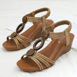 Women Bohemian Wood Texture Round Button Decor Comfy Casual Wedges Sandals