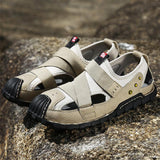 Men Closed Rubber Toe Cap Hook Loop Hole Leather Sandals