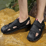 Men Closed Rubber Toe Cap Hook Loop Hole Leather Sandals