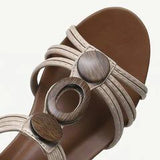 Women Bohemian Wood Texture Round Button Decor Comfy Casual Wedges Sandals