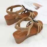 Women Bohemian Wood Texture Round Button Decor Comfy Casual Wedges Sandals