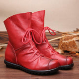 Women's Winter Retro Low-Heeled Geniue Leather Lace-Up Round Head Boots