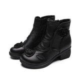 Women's Winter Genuine Leather Flower Decoration Block Heel Ankle Boots