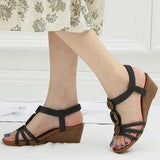 Women Bohemian Wood Texture Round Button Decor Comfy Casual Wedges Sandals