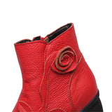 Women's Winter Genuine Leather Flower Decoration Block Heel Ankle Boots