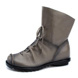 Women's Winter Retro Low-Heeled Geniue Leather Lace-Up Round Head Boots