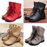 Women's Winter Retro Low-Heeled Geniue Leather Lace-Up Round Head Boots