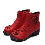 Women's Winter Genuine Leather Flower Decoration Block Heel Ankle Boots