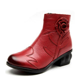 Women's Winter Plush Lining Genuine Leather Flower Decoration Zipped Boots