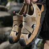 Men Closed Rubber Toe Cap Hook Loop Hole Leather Sandals