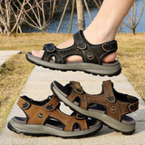 Men Comfy Cowhide Leather Opened Toe Hook Loop Outdoor Sport Sandals